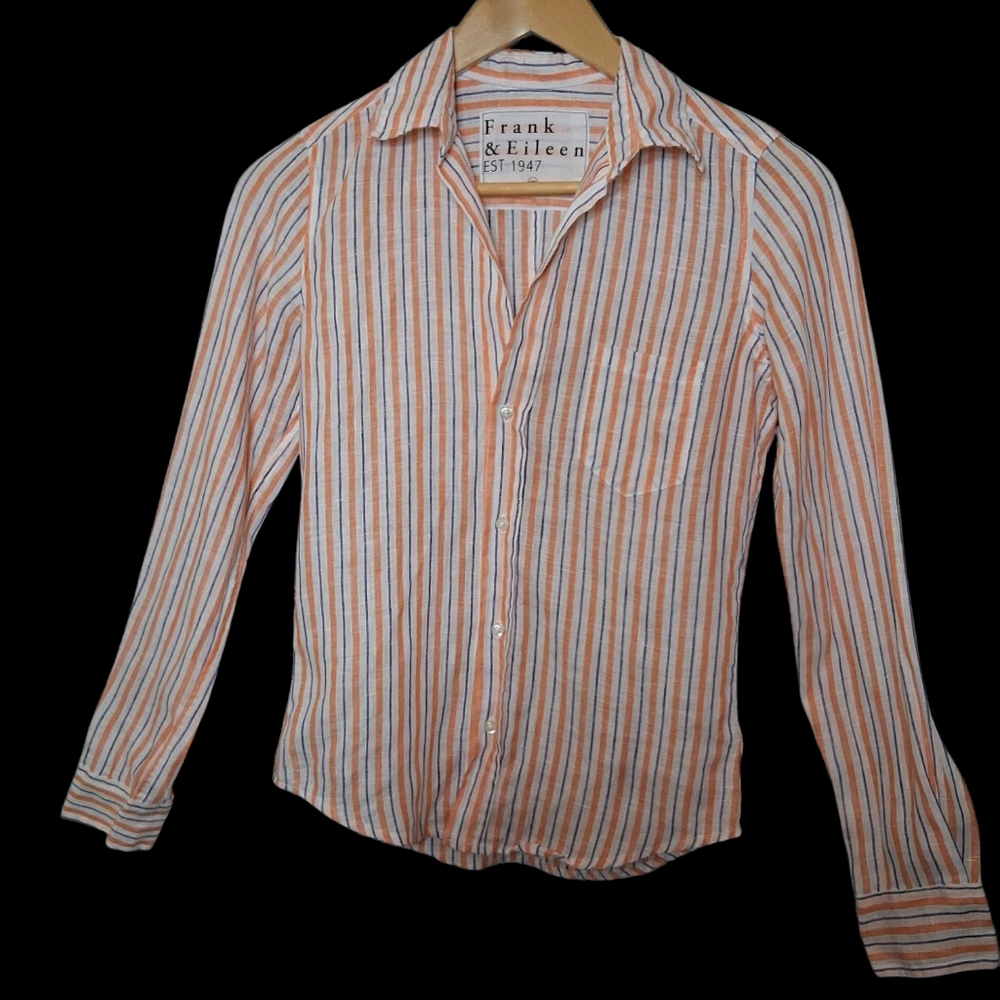 Frank & Eileen 100% Linen Orange Blue & White Stripe Button up XXS NWOT *READ